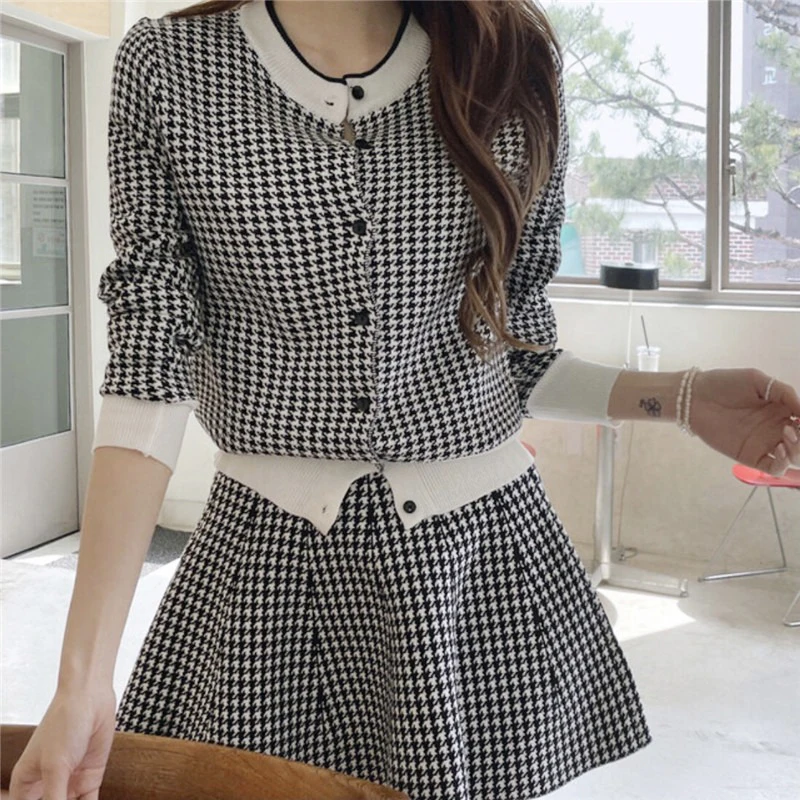 Autumn Retro Single-breasted O Houndstooth Sweater Knitted Coat Hit Long Sleeve Cardigan OL Ball Gowns Mini Plaid Skirt Sets |