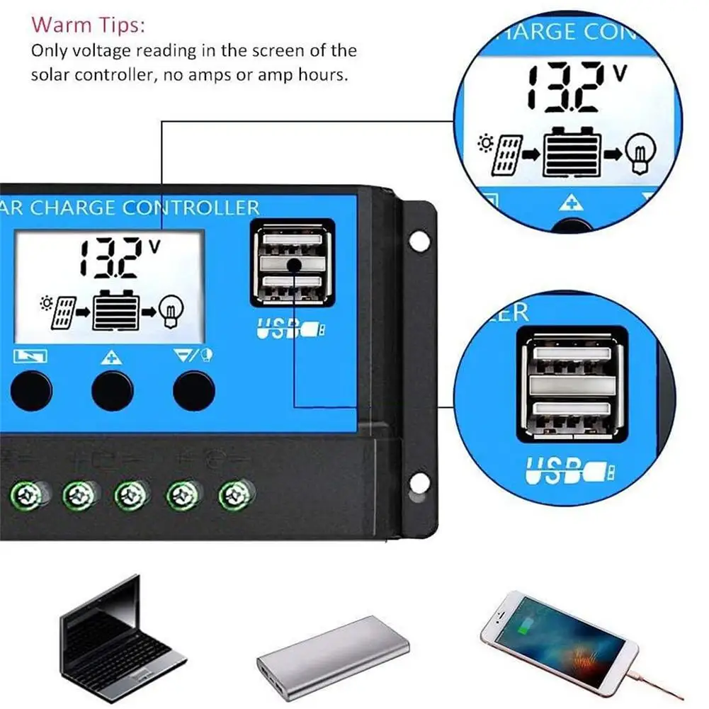 60A/50A/40A/30A/20A/10A автоматический Солнечный Контроллер заряда PWM контроллеры lcd Dual USB 5 В выход солнечная панель PV регулятор 12 в 24 В