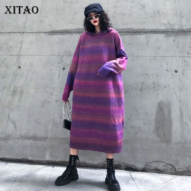 XITAO Tide толстого размера плюс трикотажное платье Женская одежда модное свободное повседневное элегантное платье с капюшоном и воротником зимнее Новое XJ2545