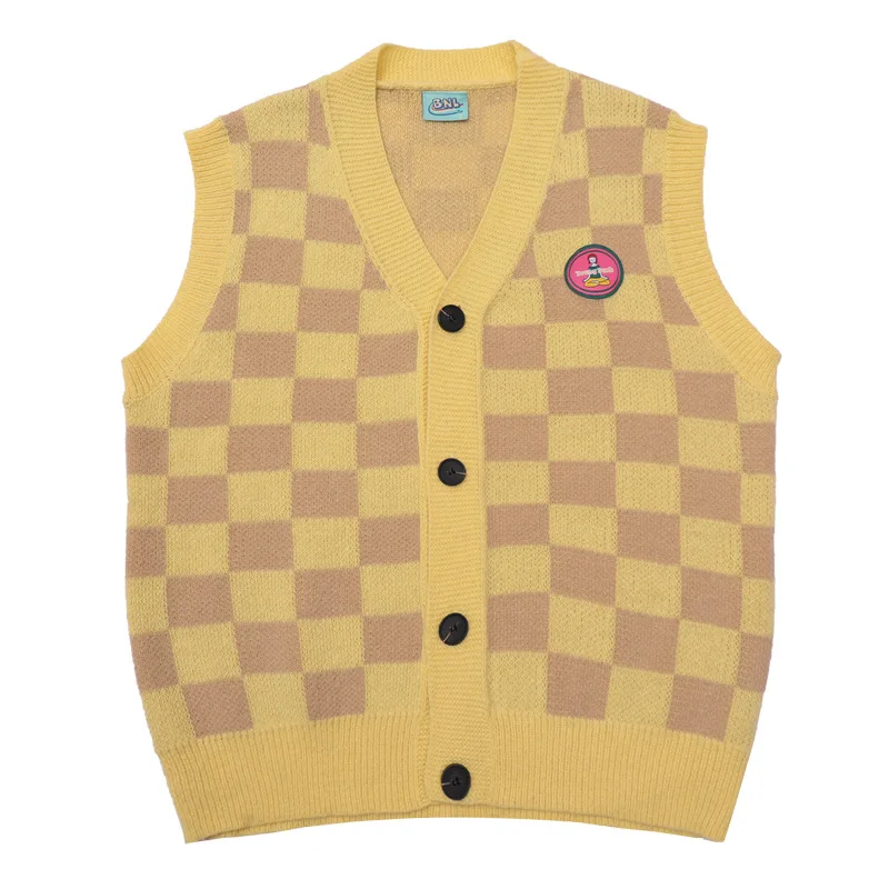 

Loose casual cardigan woolen vest men's autumn and winter checkerboard lattice V-neck wool waistcoat knitted vest couple