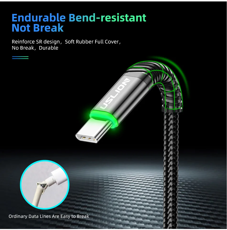USLION 2m LED 3A Type C Cable For Huawei P30