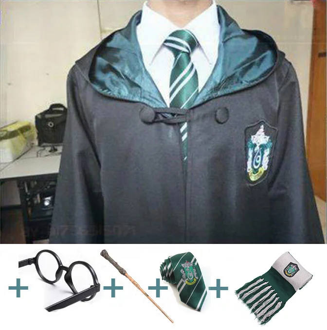 Slater Full Set3 Халат накидка плащ с галстуком шарф палочка очки Ravenclaw Гриффиндор Hufflepuff костюм Слизерин взрослый для Поттера Косплей - Цвет: Slater Full Set3