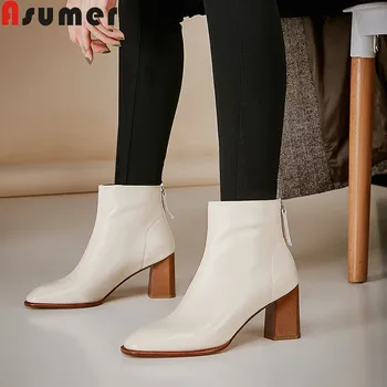 

ASUMER big size fashion genuine leather boots women square toe thick high heels ankle boots solid colors autumn winter boots