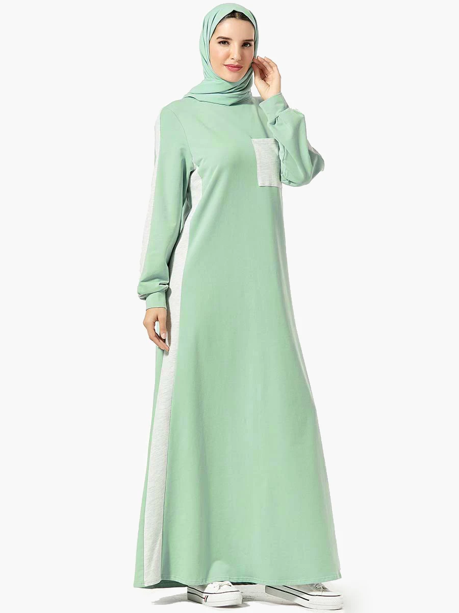 Light green Женский пуловер с капюшоном больших размеров, платье-толстовка с длинными рукавами, повседневные платья с цветными блоками, длинное мусульманское женское платье - Цвет: Light green