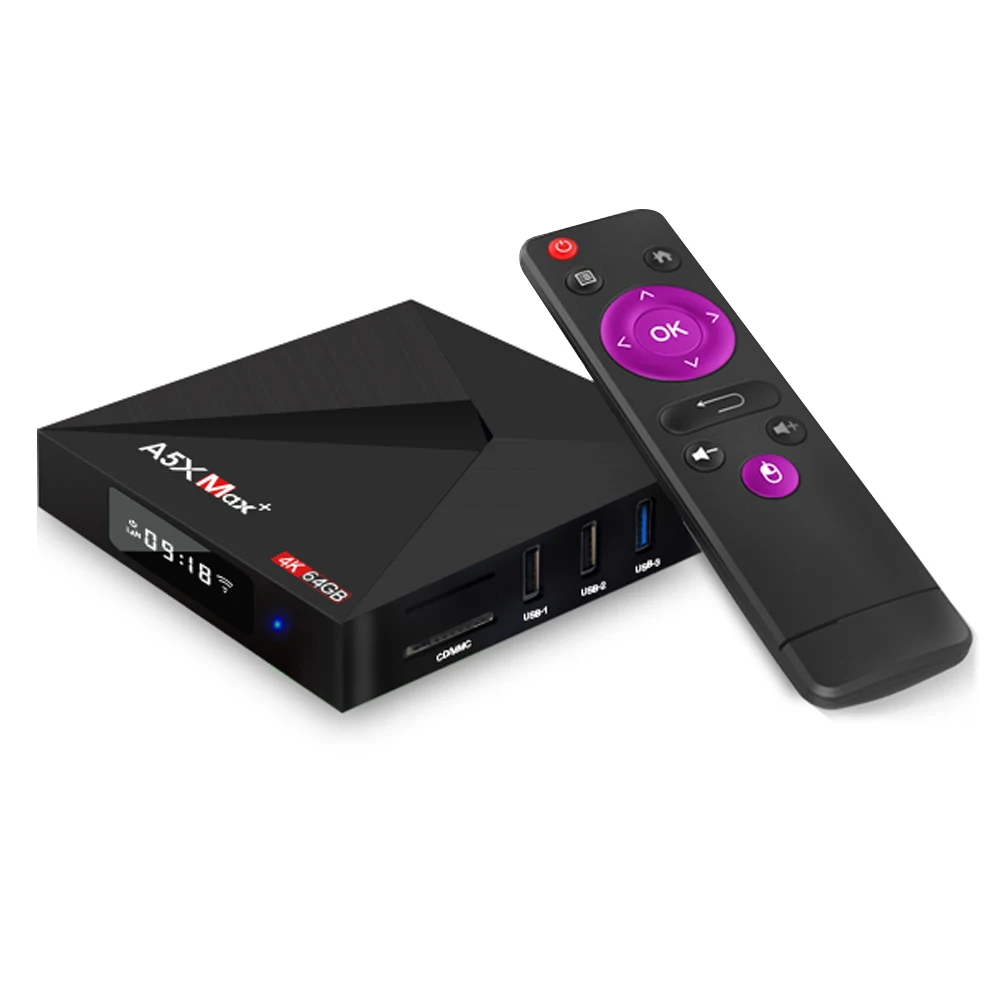 

A5X Max+ Smart Android 9.0 TV Box 4GB/64GB RK3328 4K VP9 H.265 USB3.0 DLNA Miracast Airplay 2.4G&5G Dual-band WiFi RJ45 BT4.1 HD