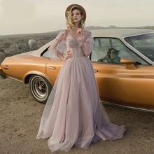 

Puffy Sleeves Dusty Pink Beach Wedding Dress 3D Flowers Tulle Sexy Cheap Bride Bridal Gowns Dresses Casamento