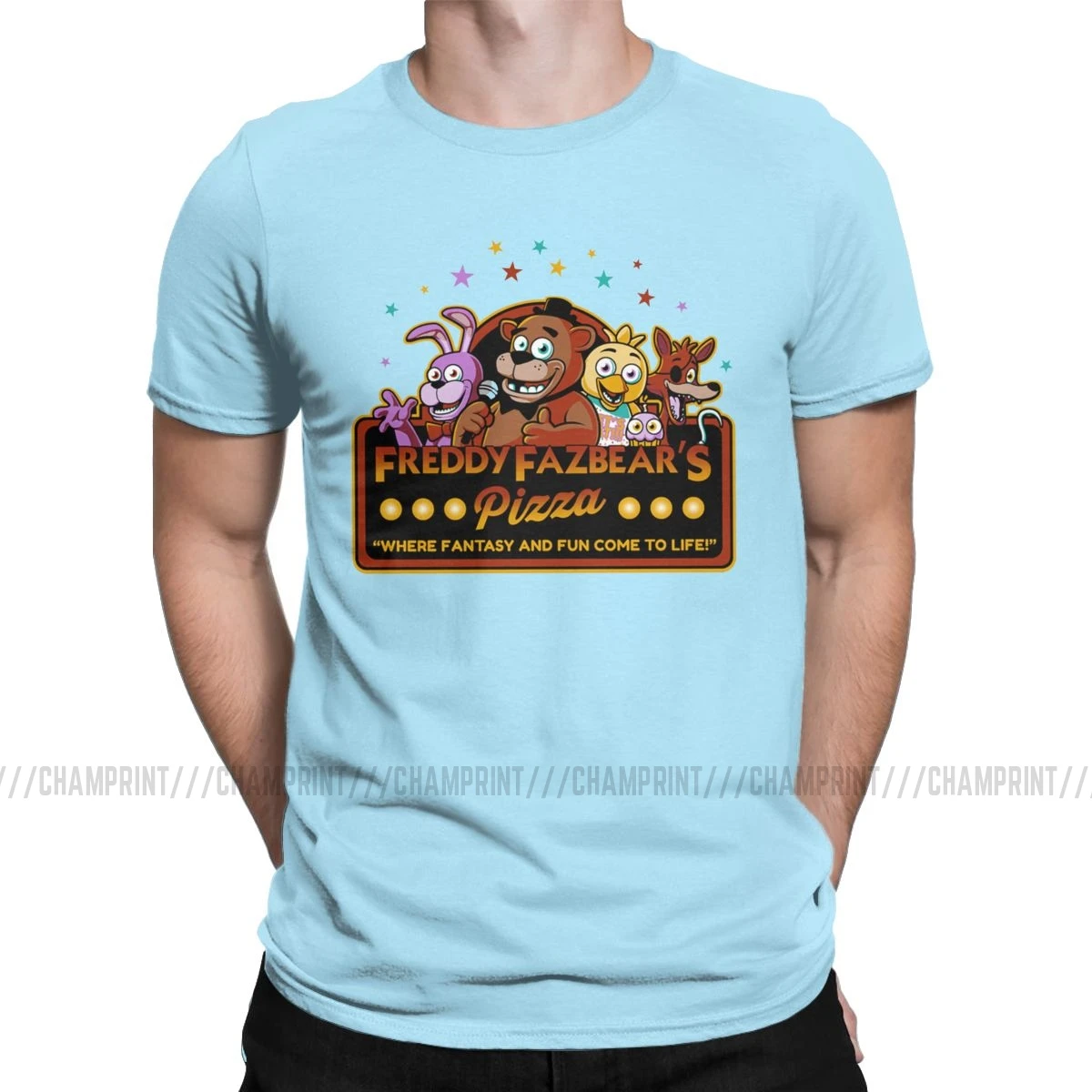Футболка с логотипом Five Nights At Freddy's Freddy Fazbear's Pizza FNAF, мужские футболки для отдыха, футболка с круглым вырезом, Уникальные топы с коротким рукавом - Цвет: Небесно-голубой
