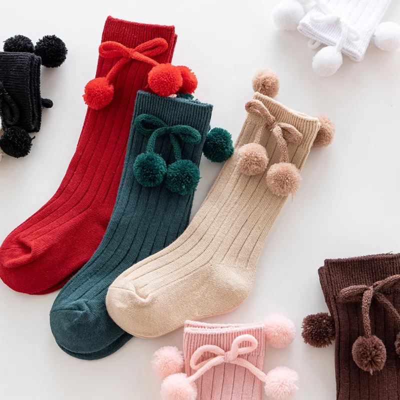 Calzini per bambini per ragazze ragazzi autunno inverno fiocco pompon ginocchio calzini lunghi per bambini calzini in cotone per bambini accessori per bambini