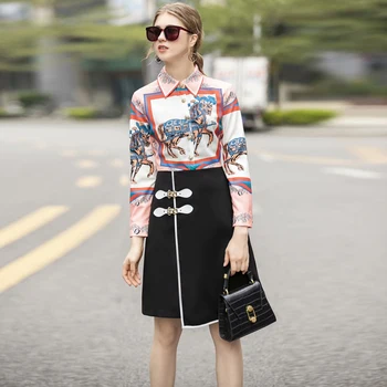 

Single Breasted Print Animal Long Sleeve Stitching Irregular Women'S High Quality Metal Button Shirt Dress Spring And Summer