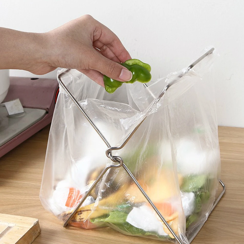 practical Garbage bag holder Stainless Steel Storage Shelf Kitchen Garbage Bag Rack Shelf Folding Storage cleaning accessories