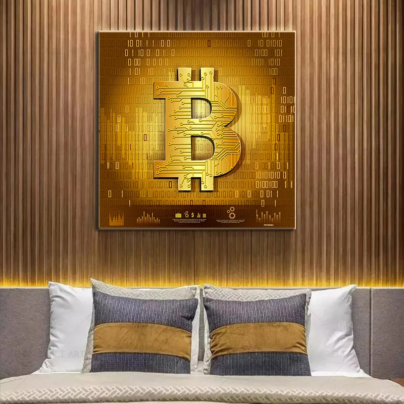 Golden Money Pictures Bitcoin Canvas Painting Wall Art Virtual World Currency Posters Prints Home Decoration Cuadros Pictures