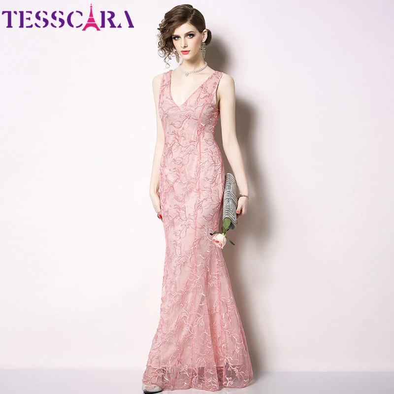

TESSCARA Women Long Maxi Elegant Embroidery Dress Female Party Pink Robe Femme V-Neck Designer High Quality Even Parti Vestidos