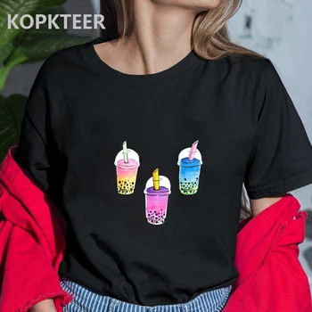 

Bubble Tea Simple Style Print T-Shirt Women Chic Harajuku Vintage Large Size Loose Top Men's Fashion T-Shirt