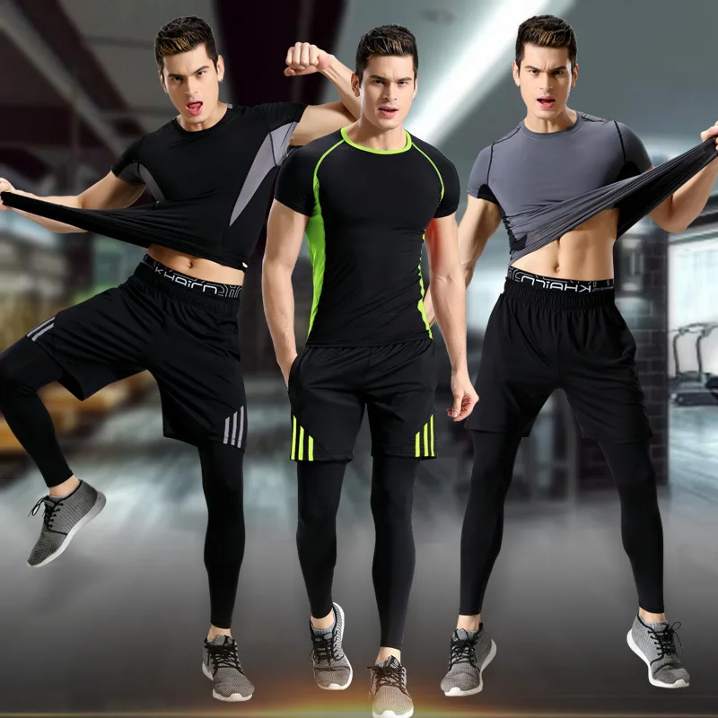 

Sports Set Men's Elasticity Quick-drying T-shirt Gym Pro Workout Clothes Three-piece Set-Compression Running Clothing Summer