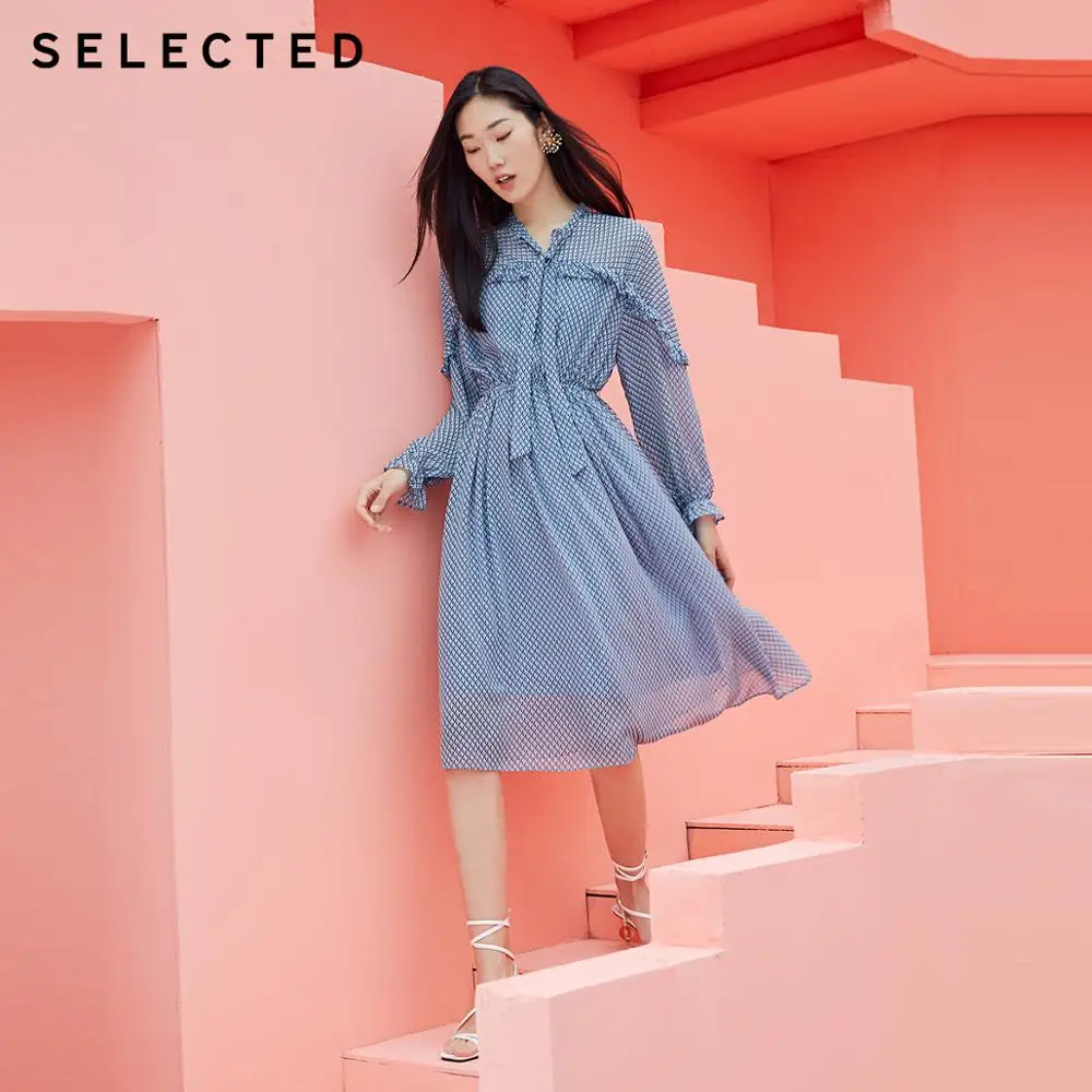 SELECTED Women's Ruffle Flared Sleeves Cinched Waist Chiffon Dress |42022J525 SELECTED Women's Ruffle Flared Sleeves Cinched Waist Chiffon Dress |42022J525
