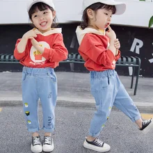 Осень, новые стильные джинсы с принтом картофеля фри для девочек, детские брюки в западном стиле в Корейском стиле