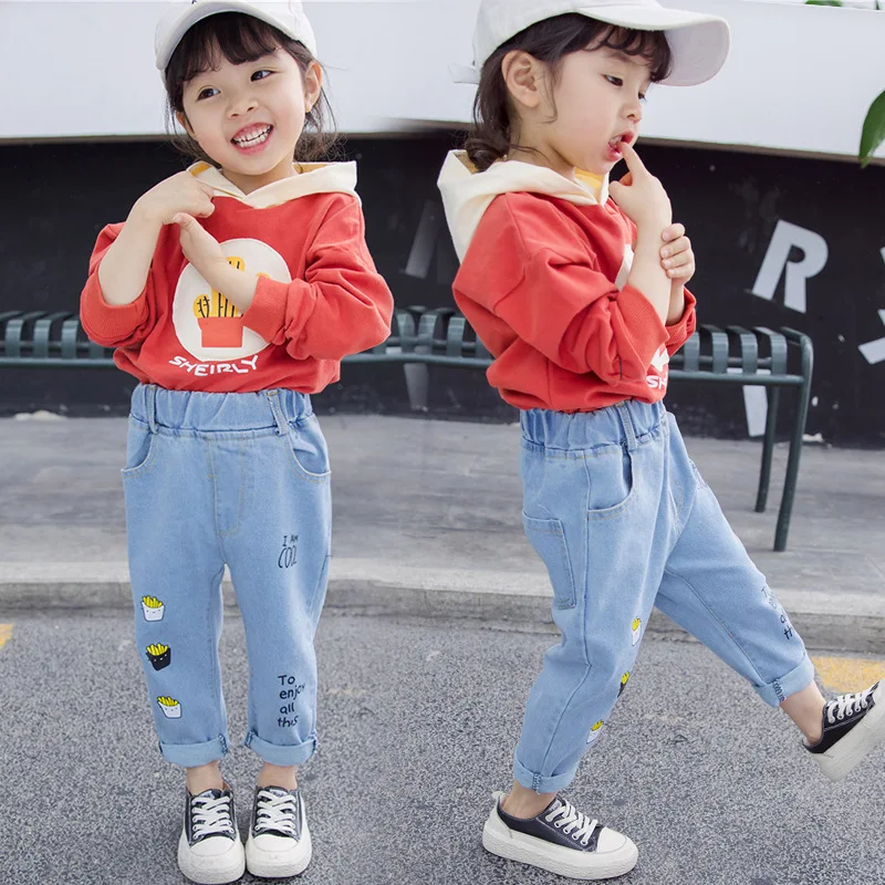 

2019 Autumn Crawler Girls New Style French Fries Printed Jeans Children Korean-style Western Style Trousers