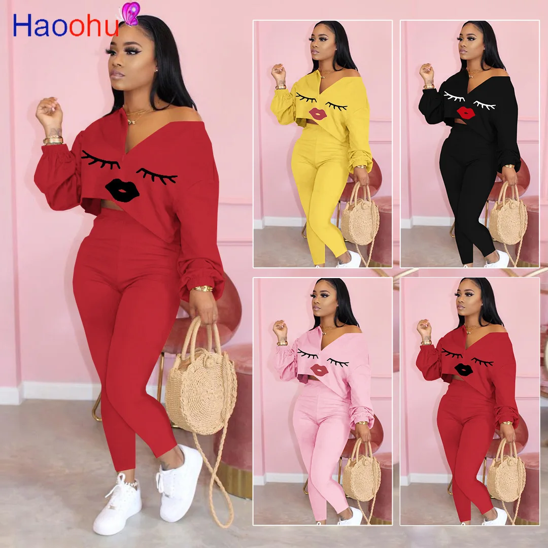 HAOOHU/повседневные женские комплекты из двух предметов свободные топы с длинными