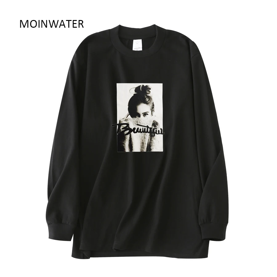 

MOINWATER Футболка женская с рисунком, модный толстый топ из хлопчатобумажной ткани, черный и серый цвета, на осень MLT2117