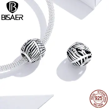 

BISAER Real 925 Sterling Silver Openwork Round Charms Vintage Feather Beads Fit DIY Bracelet Necklace Pendant For Female HSC1509