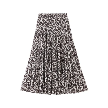 

2020 Fashion Women Leopard Skirt Autumn Winter Adults Casual Style High Waist Pleated Long Skirt For Ladies Daily Clothes