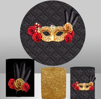 

Circle background Masquerade damask round Backdrop Golden mask rose flower birthday Party event table banner fabric vinyl YY-339