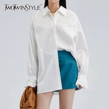 

TWOTWINSTYLE Ruched Patchwork White Blouse For Women Lapel Collar Flare Sleeve Loose Shirt Female 2020 Autunm Fashion New Tide