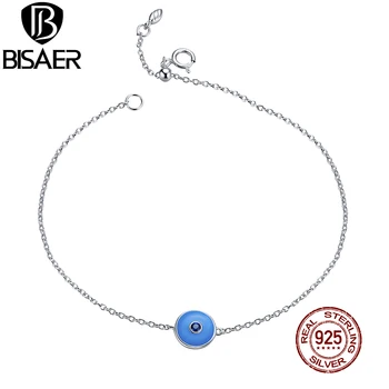 

BISAER Blue Eyes Bracelets Real 925 Sterling Silver Blue Stone Chain Link Bracelet For Female Friendship Jewelry Gift ECB185