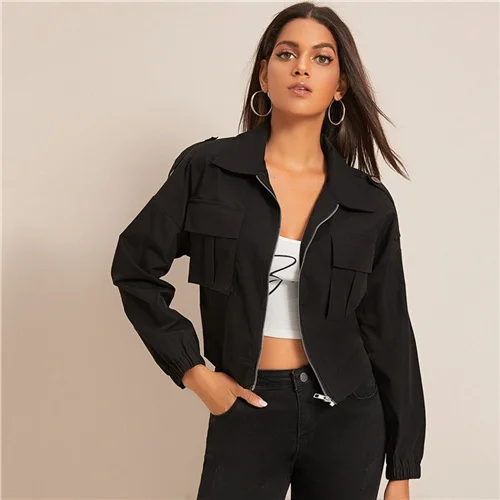 SweatyRocks Черная куртка на молнии с карманами и заплатками, уличная одежда, женские пальто и куртки, осень, повседневная однотонная верхняя одежда - Цвет: Черный