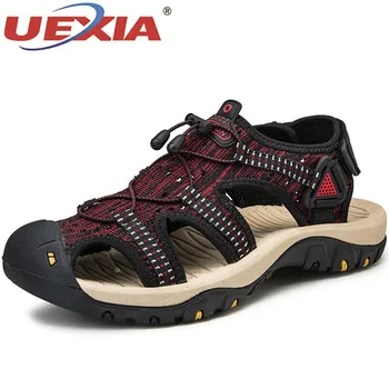 

UEXIA Fashion Breathable Men Sandals Leather Summer Beach Shoes Soft Bottom Breathable Slip on Beach Outdoor Driving Footwear