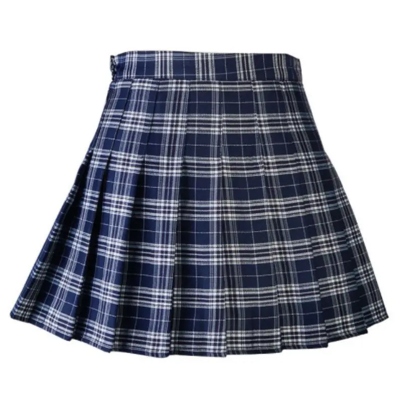 Женская Повседневная клетчатая юбка для девочек с высокой талией, плиссированная трапециевидная Форменная Юбка с внутренними шортами - Color: navy blue