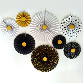 

8pcs Black Glitter Gold Paper Fan Wedding Engagement Party Hanging Paper Decor Kits Birthday Decorative Golden Paper Crafts