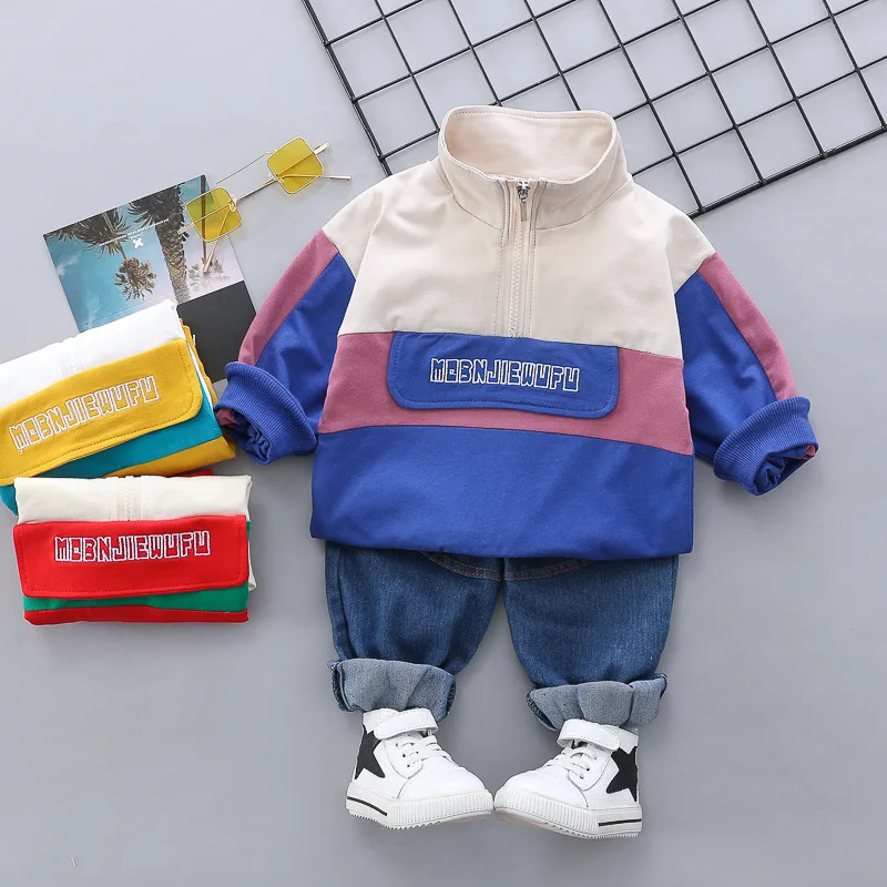 

2019 Newborn Baby Girl Clothes Bebek Boy's Standing Collar Alphabet Autumn Children's Wear Baby's Long Sleeve Jeans Sports Suit