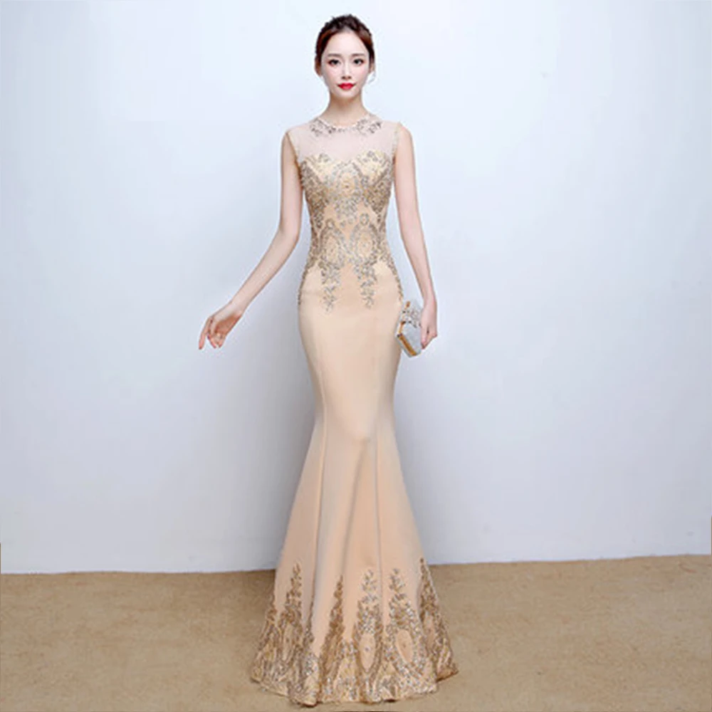 champagne gold Прозрачное вечернее платье, без рукавов, с блестками, Robe De Soiree, F111, жемчуг, Русалка, вечерние платья, длина до пола, официальное платье для выпускного вечера - Цвет: champagne gold