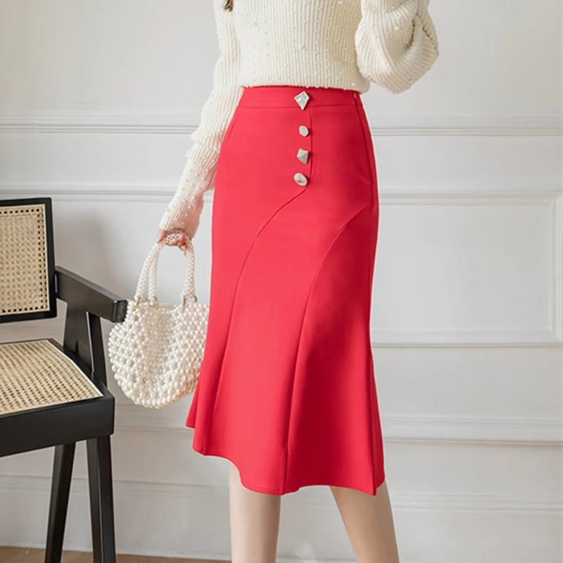 de moda coreana para mujer, falda a media pierna de cintura alta, negra, para oficina, ropa de calle, Trompeta/sirena|Faldas| - AliExpress