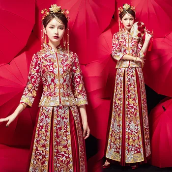 

Red Bride Dress Wedding Dress Retro Dress Chinese Cheongsam Dress High Quality Embroidery Peacock Long Section Size S-XXL