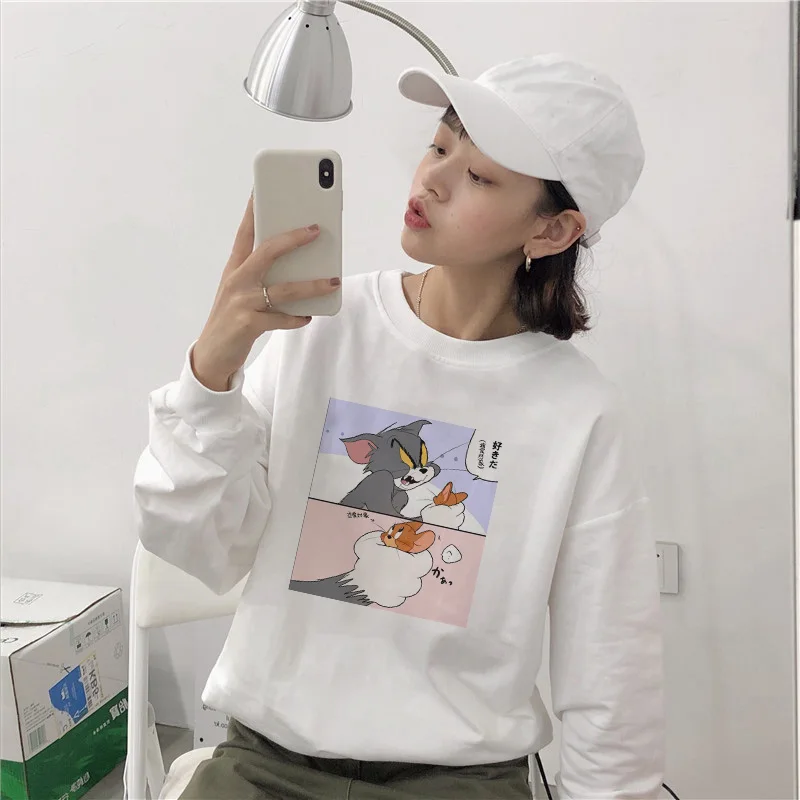 white 5 Том и Джерри INS spoof Harajuku уличный принт Женская Повседневная Свободная Толстовка с круглым вырезом и длинными рукавами Черно-белая - Цвет: white 5