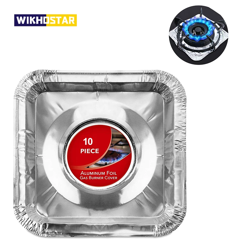 WIKHOSTAR 10Pcs/Set Aluminum Foil Square Stove Burner Covers Gas Stove Liners Oil Proof Cleaning Pad Kitchen Accessories Set