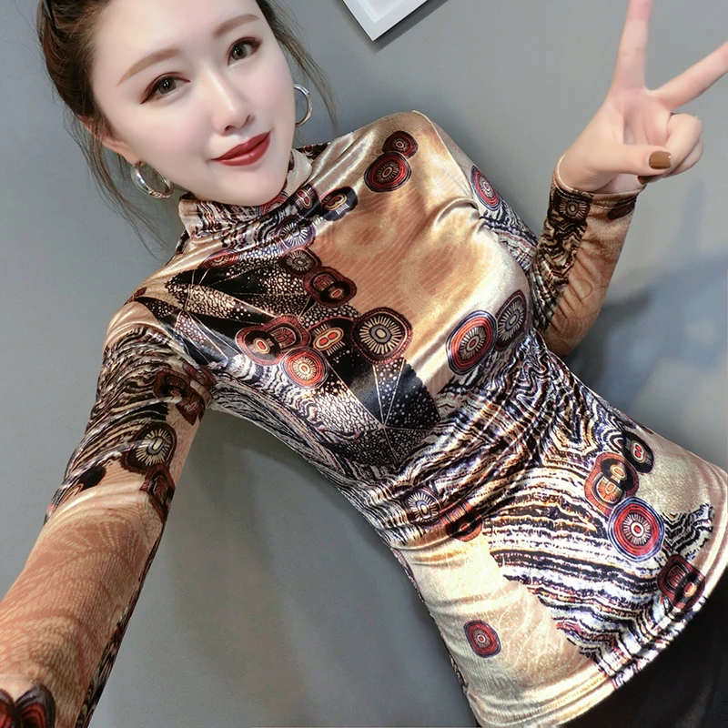 Streetwear Printing Tops Women Long Sleeve Velvet T-shirt Autumn Winter Woman Tshirt Turtleneck Pullovers Tee Shirt Plus Size | Женская