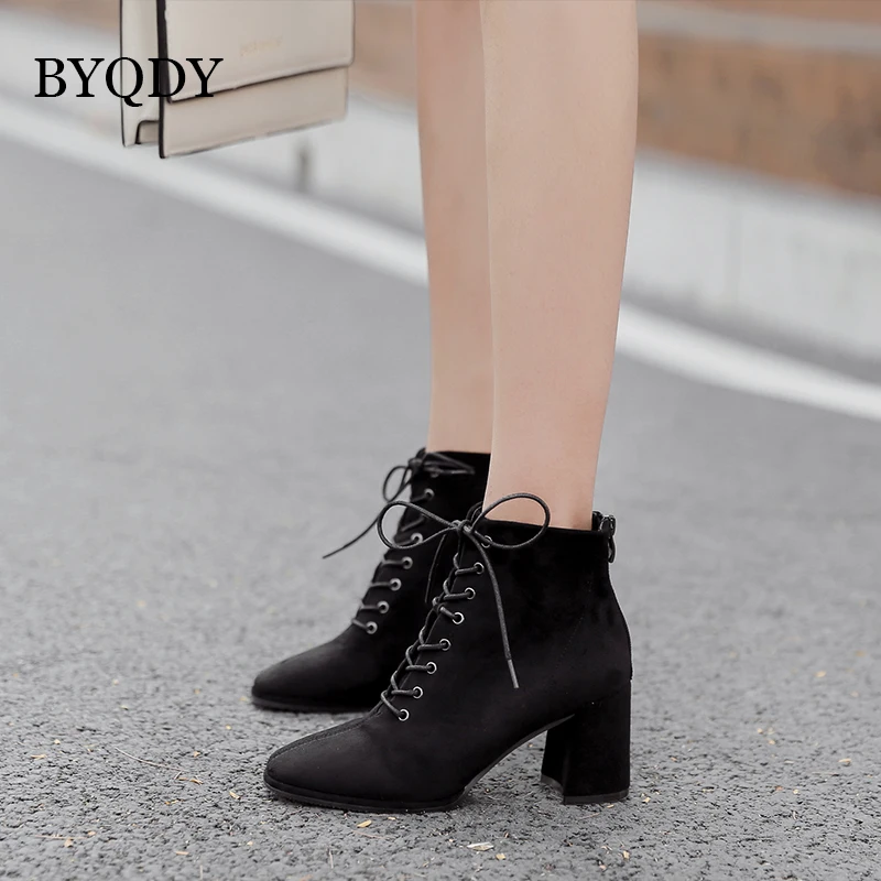

BYQDY 2021 Ankle Boots For Women Flock Round Toe Lace-up Square High Heels Shoes Ladies Short Boots 10CM Tube Height Footwear