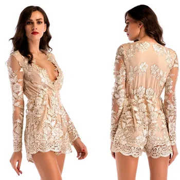 

2020 Women's European and American New Jumpsuit Explosion V-neck Embroidered Long Sleeve Jumpsuit lace jumpsuit Playsuits