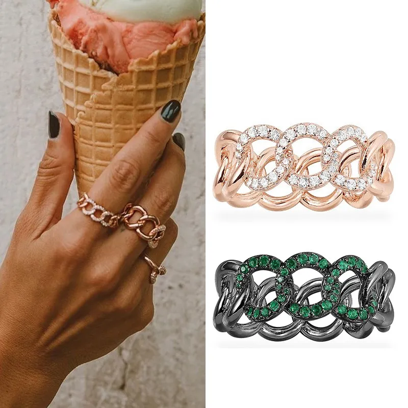 Factory Direct 2019 New Fashion Rock Rose Gold Color Pink Chain Link Finger Ring Micro Pave Zircon Women Wedding Jewelry | Украшения и