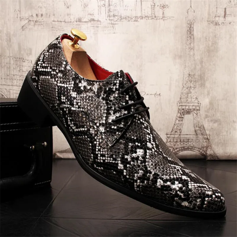 Men Snakeskin Leather Shoes Snake Skin Prints Men Business Dress Classic Style Lace Up Pointed Toe Shoes For Men Oxford Shoes