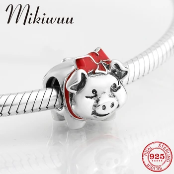 

925 sterling silver red Enamel fine Cute bow pig DIY bead Jewelry making fit Original Mikiwuu Charms Bracelet