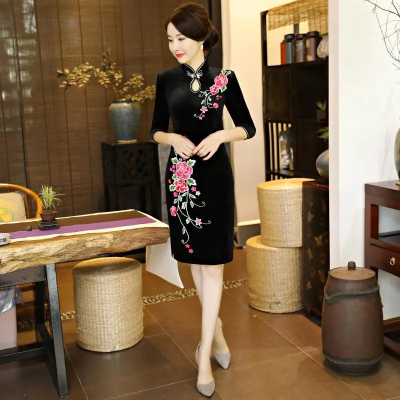 Вышивка на пуговицах в традиционном китайском стиле Cheongsam женская вечерняя вечерние платье сексуальное длинное Винтаж Qipao благородные Vestidos - Цвет: black A