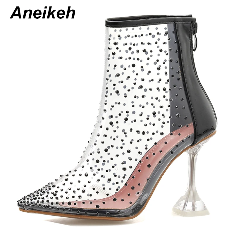 

Aneikeh Autumn PVC Transparent Ankle Boots Women Sexy Pointed Toe Zipper Crystal High Heels Transparent Clear Ladies Shoes Pumps