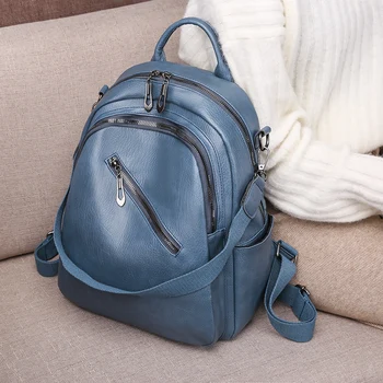 

Backpackwomen 2020 new dual-use one-shoulder soft leather backpack trend versatile contrast color large-capacity travel backpack