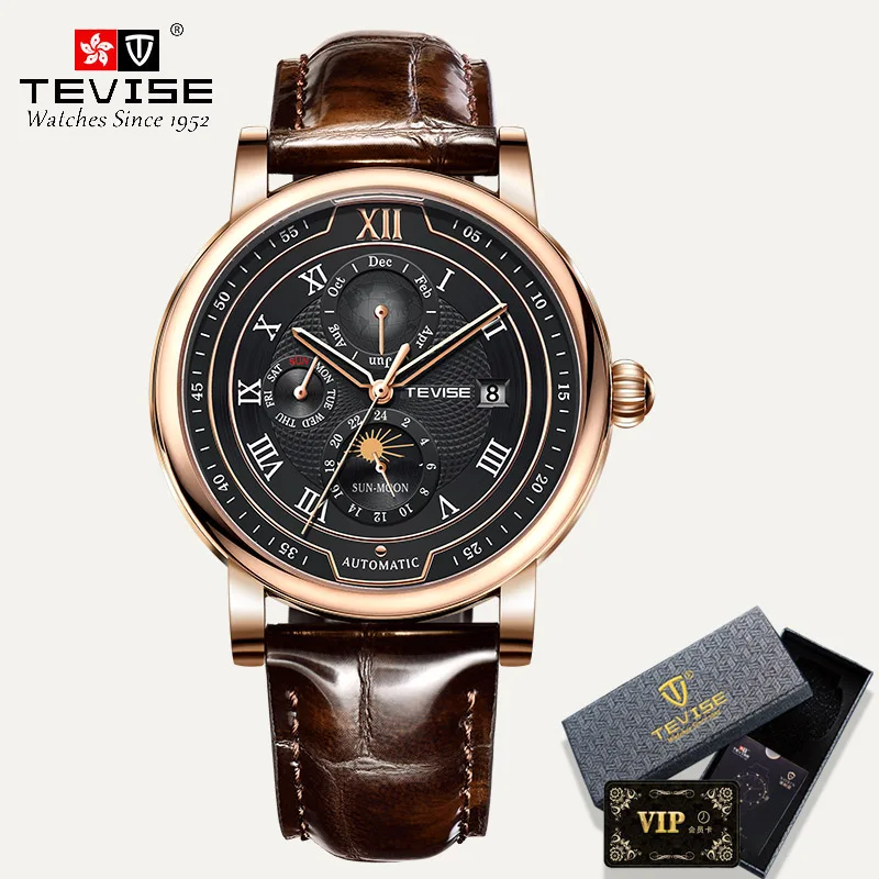 2021 New TEVISE Mens Mechanical Watches Top Brand Luxury Leather Moon Phase Automatic Watch Men Fashion Sport Waterproof Clock 