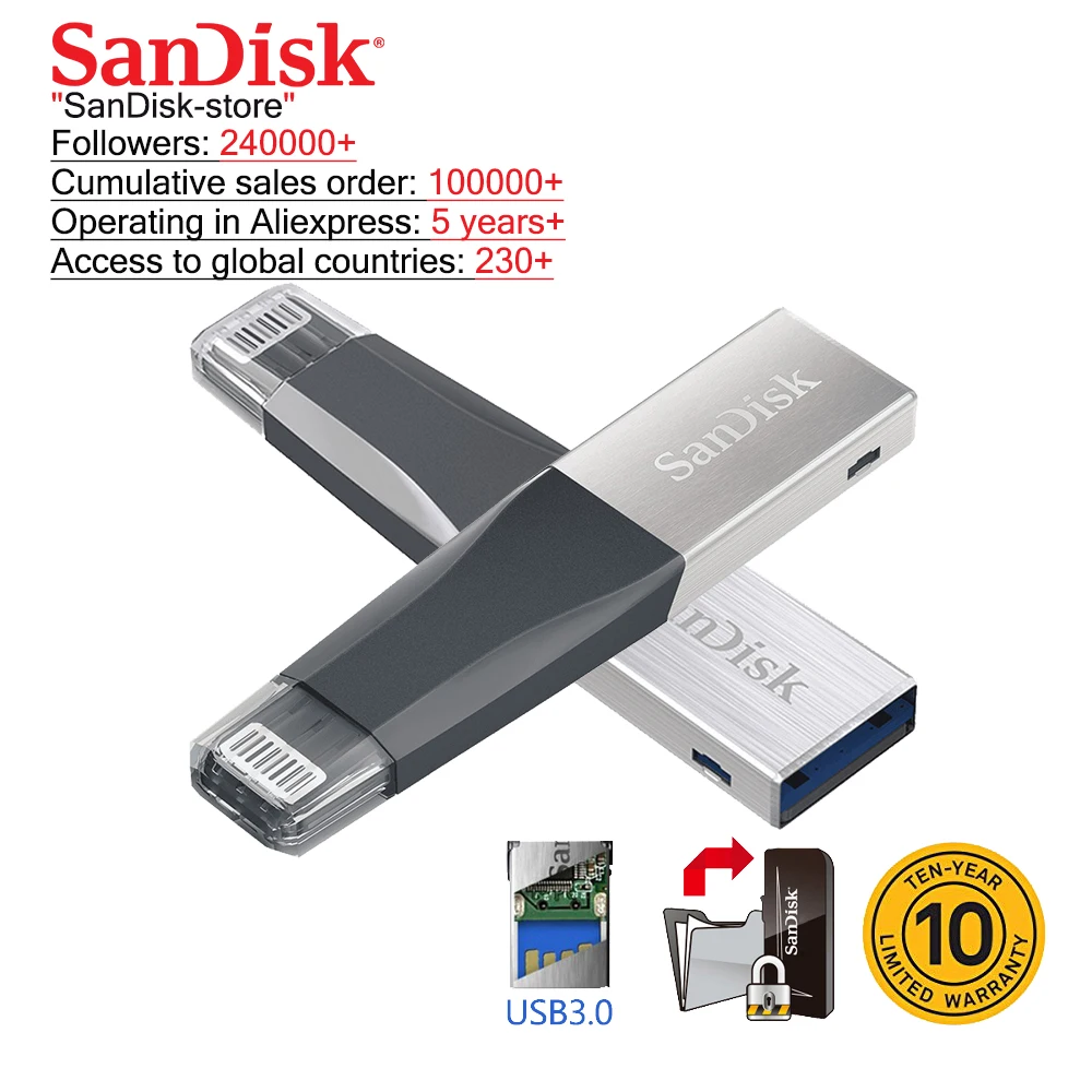 SanDisk Двусторонняя Флешка OTG USB3.0 флэш накопитель 16 ГБ 32 64 Гб 128 256 для iPhone Lightning