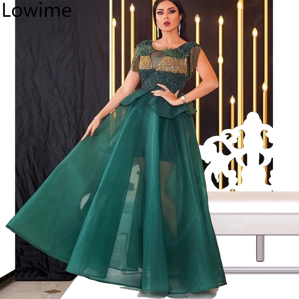 

Dark Green Middle East Long Prom Dress 2019 Special Design Dubai Glitter Formal Evening Dress Illusion Celebrity Party Gowns